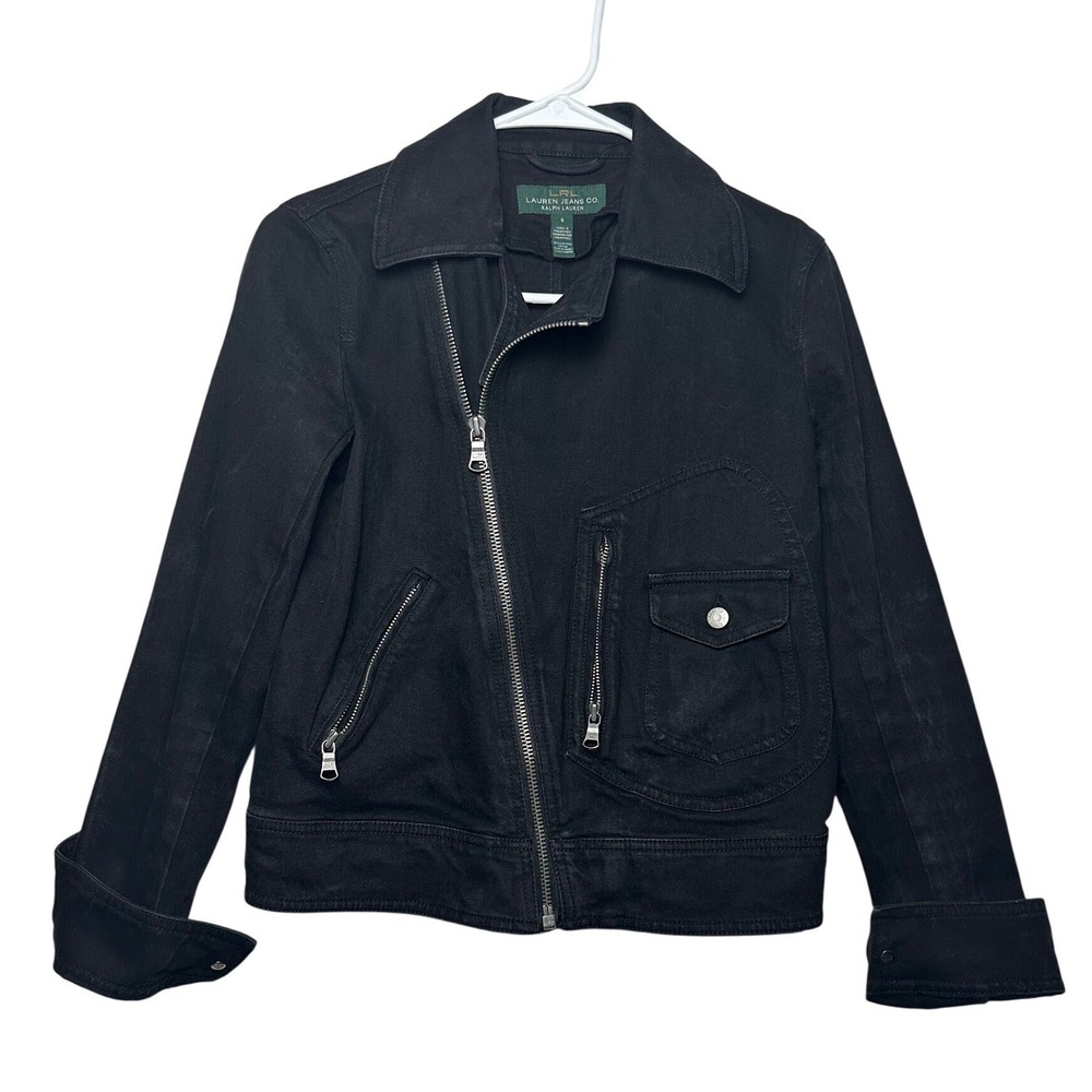 Lauren Ralph Lauren Black Denim Moto Jacket Asymmetrical Zip Size Small